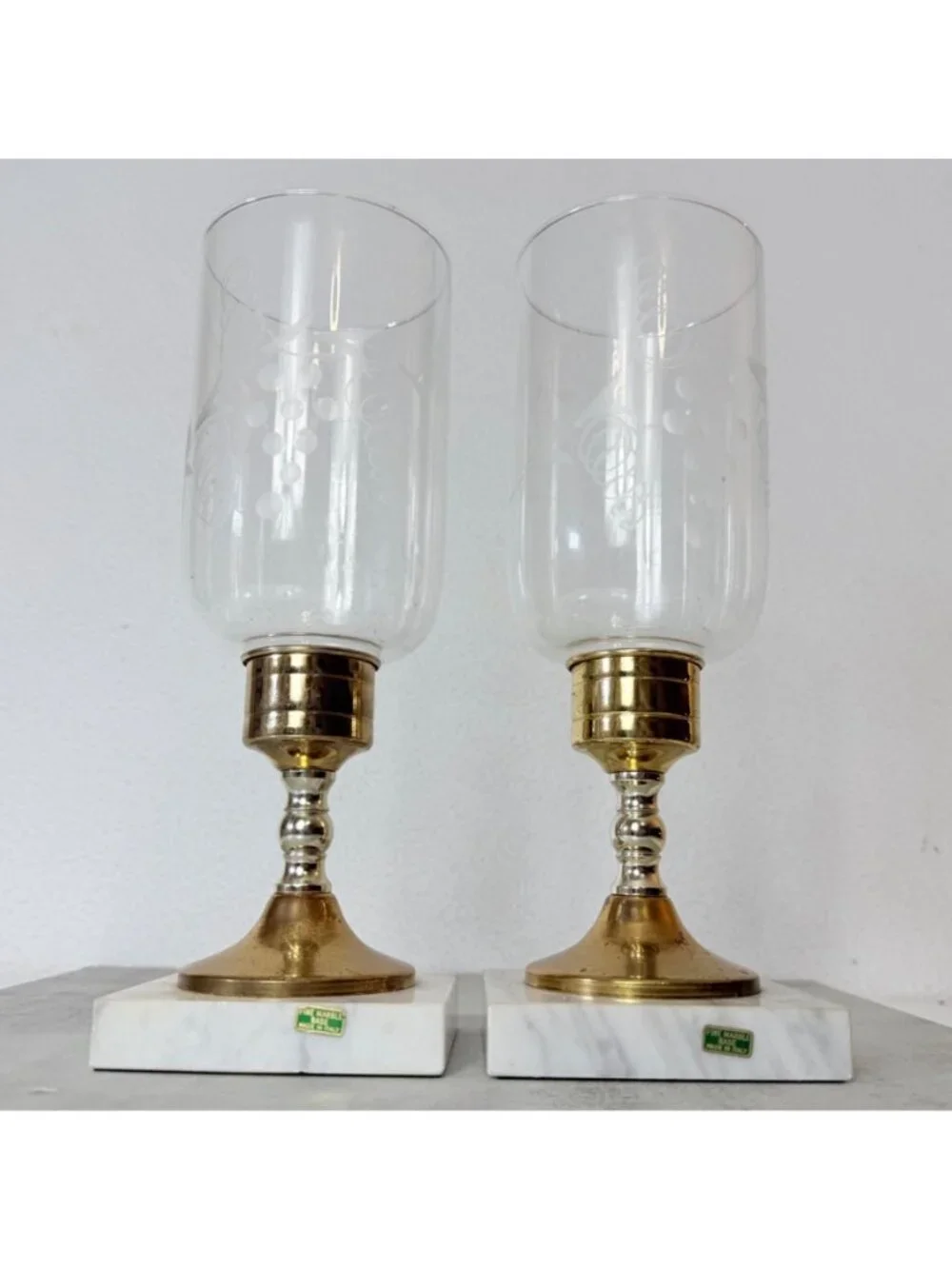 Vintage Italian Hurricane Candle Holder Set of 2 Brass Marble Etched Glass Pair